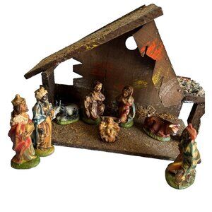C1950 Vintage 9 Piece Composit Nativity Set Hand Crafted Italy Early Fontanini